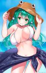  1girl bare_arms bare_shoulders bikini bouncing_breasts breasts collarbone covered_nipples dated day eyebrows_visible_through_hair green_eyes green_hair grin hair_ornament hair_tubes halterneck hands_on_headwear hands_up hat head_tilt highres kochiya_sanae long_hair looking_at_viewer navel ocean outdoors shiny shiny_hair side-tie_bikini side-tie_bottom skindentation smile snake snake_hair_ornament solo stomach string_bikini swimsuit touhou unaligned_breasts water white_bikini white_swimsuit yamaguchi_yuu 