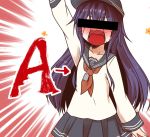  1girl akatsuki_(kantai_collection) arm_up arrow_(symbol) bar_censor black_skirt blush censored collarbone commentary_request crying dog_tags emphasis_lines eyebrows_visible_through_hair hair_between_eyes kantai_collection letter long_sleeves neckerchief open_mouth pleated_skirt purple_hair red_neckwear sailor_collar shirt skirt solo white_serafuku white_shirt yua_(checkmate) 