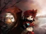  2011 abstract_background anthro brown_theme clothed clothing domestic_cat duo felid feline felis fully_clothed fur hair headphones hood kemono mammal puinkey_(artist) red_eyes red_hair tree white_body white_fur 