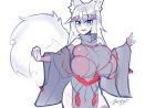  animal_ears blue_eyes blush breasts bridal_gauntlets copyright_request fox_ears fox_tail hair_ornament hairclip japanese_clothes kiri_(sub-res) large_breasts looking_at_viewer sign signature simple_background sketch sub-res tagme tail zerion 