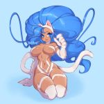  animal_humanoid arm_support big_breasts blue_background blue_eyes blue_hair breasts capcom cat_humanoid claws curvy_figure darkstalkers eyebrow_through_hair eyebrows felicia_(darkstalkers) felid felid_humanoid feline feline_humanoid female fur hair hi_res humanoid jellyenvy kneeling long_hair looking_at_viewer mammal mammal_humanoid navel pawpads simple_background smile solo translucent translucent_hair video_games white_body white_fur wide_hips 