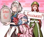  3girls apron bangle bangs blue_eyes blue_hair bow bracelet braid closed_eyes covered_mouth egasumi english_text eyebrows_visible_through_hair followers green_headwear grey_hair hair_over_one_eye hat hong_meiling izayoi_sakuya jewelry long_sleeves maid_apron maid_headdress mefomefo mob_cap multiple_girls open_mouth parted_bangs pink_headwear pointy_ears red_bow red_eyes red_hair red_ribbon remilia_scarlet ribbon short_sleeves side_braid smile star_(symbol) touhou twin_braids upper_body wide_sleeves wings 
