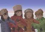  4girls :d bangs black_gloves black_hair blunt_bangs brown_eyes brown_hair coat facing_viewer gloves green_coat hat highres kobuchizawa_shirase locked_arms miyake_hinata multiple_girls open_mouth orange_coat outdoors randefor red_coat shiraishi_yuzuki smile sora_yori_mo_tooi_basho standing tamaki_mari white_headwear 