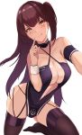  1girl absurdres arm_strap azur_lane bare_shoulders black_choker black_hair black_legwear blush breasts choker cleavage collarbone commentary_request copyright_name criss-cross_halter finger_to_mouth halterneck haneramu head_tilt highres kneeling large_breasts licking_lips long_hair looking_at_viewer multiple_straps navel navel_cutout one_side_up race_queen simple_background solo tongue tongue_out white_background zuikaku_(azur_lane) zuikaku_(the_wind&#039;s_true_name)_(azur_lane) 