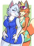  2020 absurd_res animal_crossing anthro audie_(animal_crossing) blush breasts canid canine capaoculta clothing dress duo eyes_closed eyewear female female/female fur hi_res hug hugging_from_behind mammal nintendo orange_body orange_fur sundress sunglasses tongue tongue_out video_games white_body white_fur whitney_(animal_crossing) 