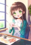  1girl :d bangs blunt_bangs blurry blurry_background blush brown_hair chopsticks collarbone commentary cup day depth_of_field eyebrows_visible_through_hair gochuumon_wa_usagi_desu_ka? green_eyes green_jacket hair_ribbon head_tilt highres holding holding_cup indoors jacket long_hair looking_at_viewer mozukun43 open_mouth reflection ribbon shirt sitting smile solo table teacup tray twitter_username ujimatsu_chiya white_ribbon white_shirt window 