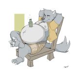  2020 absurd_res alcohol anthro beer belly beverage big_belly bottle bottomwear canid canine canis canson chair claws clothing fangs fur furniture grey_body grey_fur hi_res leaning leaning_back male mammal navel nipples object_on_belly overweight pants pawpads solo unbuttoned_shirt wolf 