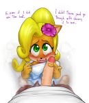  2019 accessory activision anthro bandicoot blonde_hair blush bodily_fluids clothing coco_bandicoot crash_bandicoot_(series) english_text female first_person_view flower flower_in_hair genitals green_eyes hair hair_accessory hi_res holding_penis human human_on_anthro humanoid_genitalia humanoid_penis interspecies male male/female mammal mario-grant marsupial nervous overalls penis plant simple_background sweat text vein veiny_penis video_games white_background 