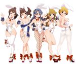  5girls :d ;d adapted_costume anchor_hair_ornament animal_ears arm_grab ascot ass award_ribbon back bangs bare_shoulders black_hair black_legwear blonde_hair blue_eyes blue_gloves blunt_bangs blunt_ends bob_cut bow bow_choker bow_footwear bowtie braid breasts brown_eyes brown_hair bunny_ears bunny_tail choker cleavage closed_eyes closed_mouth commentary_request detached_collar earrings elbow_gloves facing_viewer fake_animal_ears fake_tail fishnet_legwear fishnets from_behind fukuda_noriko full_body garters gloves hair_ornament hand_on_hip hand_on_own_ass high_heels highleg highleg_leotard idolmaster idolmaster_million_live! idolmaster_million_live!_theater_days jewelry kousaka_umi leg_up leotard long_hair looking_at_viewer looking_back medium_breasts medium_hair multiple_girls one_eye_closed open_mouth pantyhose partial_commentary ponytail purple_eyes red_eyes red_neckwear satake_minako short_hair side-by-side side_ponytail sideboob sidelocks simple_background skindentation small_breasts smile standing standing_on_one_leg strapless strapless_leotard tail takayama_sayoko thigh_gap thighhighs tun twin_braids w w_arms waving white_background white_choker white_footwear white_gloves white_legwear white_leotard wing_collar wrist_cuffs wristband yokoyama_nao 