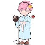 1girl alternate_costume bathrobe chibi coffee coffee_cup coffee_pot cup disposable_cup eyebrows_visible_through_hair full_body hand_up holding holding_cup jitome komeiji_satori long_sleeves mefomefo pink_eyes pink_hair pouring short_hair simple_background slippers socks solo spill spilling third_eye tired touhou white_background wide_sleeves 