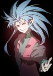  1girl black_background grin light_blue_hair long_hair looking_at_viewer rano ryouko_(tenchi_muyou!) smile solo spiked_hair tenchi_muyou! yellow_eyes 