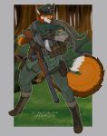  anthro armor battle canid canine clothed clothing combat_boots combat_gear english_text female fighting_pose fox fully_clothed gun hi_res knife mammal pose pouches ranged_weapon red_fox rifle soldier solo text warrior weapon wmdiscovery93 