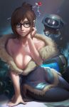  1girl bare_shoulders black-framed_eyewear bo_xun_lin breasts cleavage drone feet_out_of_frame fur_coat glasses hair_bun hair_ornament hair_stick hand_on_own_cheek highres large_breasts looking_at_viewer mei_(overwatch) overwatch sitting smile snowball_(overwatch) solo 