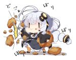  1girl :t antenna_hair bangs black_jacket blush braid breasts chibi closed_mouth commentary_request dress eating food food_on_face full_body grey_dress hair_between_eyes hair_ornament headphones headset holding holding_food jacket kizuna_akari large_breasts long_hair long_sleeves milkpanda open_clothes open_jacket orange_legwear pantyhose puffy_long_sleeves puffy_sleeves punching senbei shirt silver_hair sleeves_past_wrists solo standing star_(symbol) striped striped_legwear translated twin_braids twintails vertical-striped_legwear vertical_stripes very_long_hair voiceroid wavy_mouth white_background white_shirt |_| 