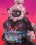  4:5 afrometalmizu anthro big_breasts birthday birthday_cake bovid breasts cake caprine dialogue female food horizontal_pupils low_res mammal mature_female mother navel nipples parent pupils sheep sheep_mom solo thick_thighs tumblr wide_hips wool_(disambiguation) yellow_eyes 