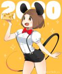  1girl 2020 :d animal_ears ariorihaberi background_text black_shorts bob_cut bow bowtie brown_eyes brown_hair cheese chinese_zodiac collared_shirt commentary cowboy_shot eyebrows_visible_through_hair fake_animal_ears fake_tail food holding holding_food kill_la_kill leaning_forward mankanshoku_mako mouse_ears mouse_tail open_mouth orange_background puffy_short_sleeves puffy_sleeves red_neckwear shirt short_hair short_shorts short_sleeves shorts simple_background smile solo sparkle standing suspender_shorts suspenders tail twitter_username white_shirt year_of_the_rat 