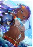  1girl aqua_hair armband armlet artist_logo black_gloves blue_eyes blue_hair blue_sky breasts commentary cowboy_shot crab_d crop_top dark_skin day dive_ball dutch_angle earrings eyelashes eyeshadow glint gloves grin hair_bobbles hair_ornament hand_on_hip holding holding_poke_ball hoop_earrings jewelry lips lipstick long_hair looking_at_viewer makeup medium_breasts midriff multicolored_hair navel outdoors poke_ball pokemon pokemon_(game) pokemon_swsh rurina_(pokemon) single_glove sky sleeveless smile solo straight_hair two-tone_hair water 