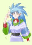  1girl blue_hair earrings green_background jewelry long_hair looking_at_viewer ryouko_(tenchi_muyou!) simple_background smile solo spiked_hair takahashi-eboshi tenchi_muyou! yellow_eyes 