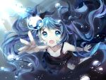  1girl aqua_eyes bison_cangshu black_dress blue_hair bubble caustics commentary dress foreshortening from_above hair_ribbon hatsune_miku highres long_hair open_mouth reaching ribbon shinkai_shoujo_(vocaloid) signature solo spaghetti_strap sunlight twintails underwater very_long_hair vocaloid 
