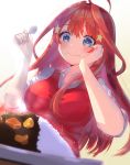  1girl :t ahoge bangs blue_eyes blush breasts closed_mouth collared_shirt commentary_request curry eating eyebrows_visible_through_hair food food_on_face go-toubun_no_hanayome gradient gradient_background hair_between_eyes hair_ornament hand_on_own_cheek hands_up highres holding holding_spoon large_breasts long_hair looking_down nakano_itsuki red_hair red_sweater rice rice_on_face shirt short_sleeves sidelocks simple_background sitting slime07 solo sparkle spoon star_(symbol) star_hair_ornament sweater sweater_vest taut_clothes upper_body white_background white_shirt yellow_background 