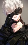  1boy absurdres black_blindfold black_gloves blindfold collarbone eyebrows_visible_through_hair face gloves grey_eyes grey_hair highres male_focus nier_(series) nier_automata oone0206 parted_lips simple_background smile solo upper_body yorha_no._9_type_s 