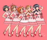  5girls abe_nana absurdres ankle_bow bangs bare_legs black_hair blue_eyes bow brown_eyes brown_hair dress full_body gloves hair_bow hair_ribbon hairband hand_on_hip high_heels highres honda_mio houjou_karen idolmaster idolmaster_cinderella_girls jennie200806 long_hair looking_at_viewer multiple_girls open_mouth parted_lips pink_background pink_dress pink_gloves plaid plaid_bow red_eyes red_footwear ribbon sagisawa_fumika salute short_hair short_sleeves simple_background smile standing takafuji_kako waist_bow 