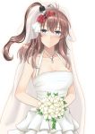  1girl blue_eyes blush bouquet breasts bridal_veil brown_hair cleavage closed_mouth collarbone dress flower hair_flower hair_ornament highres holding holding_bouquet jewelry kantai_collection large_breasts light_smile long_hair looking_at_viewer necklace one_side_up ponytail saratoga_(kantai_collection) simple_background smile solo upper_body veil wedding_dress white_background white_dress yamato_(083) 