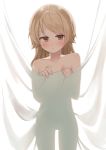  1girl absurdres bangs blonde_hair blush brown_eyes closed_mouth collarbone commentary_request cowboy_shot curtains deko_isu highres idolmaster idolmaster_cinderella_girls long_hair looking_at_viewer morikubo_nono nude see-through_silhouette simple_background solo swept_bangs white_background 