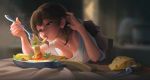  1girl bangs blue_eyes blurry blurry_background bo_xun_lin breasts brown_hair cheese cleavage eating food fork frying_pan hand_up long_hair off-shoulder_shirt off_shoulder original pasta see-through shirt short_sleeves solo white_shirt 