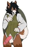  alpha_channel anthro balls black_hair blue_eyes bottomless brown_body brown_fur canid canine canis clothed clothing domestic_dog ear_piercing eyewear fur genital_piercing genitals glasses hair hi_res long_hair long_sleeves looking_aside male mammal munks_(artist) oro_(ungoliant) penis penis_piercing piercing shiba_inu simple_background solo spitz topwear transparent_background vest 