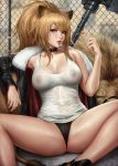  1girl 2020 absurdres animal_ears areolae arknights artist_name bangs black_choker black_jacket black_panties breasts brown_eyes brown_hair candy chain-link_fence choker collarbone cutoffs fence food fur-trimmed_jacket fur_trim highres holding_lollipop jacket large_areolae large_breasts lion lion_ears lion_girl lion_tail lips lollipop long_hair looking_at_viewer nipples paid_reward panties parted_lips patreon_reward ponytail sciamano240 shiny shiny_skin shirt siege_(arknights) signature sitting solo spread_legs studded_choker tail underwear war_hammer weapon wet wet_clothes wet_shirt white_shirt 