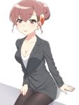  1girl breasts brown_eyes brown_hair cleavage commentary_request earrings eyebrows_visible_through_hair formal hair_bun hinata_yume&#039;s_mother jewelry lipstick makeup meow_(nekodenki) mewkledreamy office_lady panties panty_peek pantyhose simple_background sitting solo suit underwear 