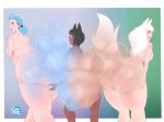  2020 animal_humanoid anus balls bent_over big_breasts big_butt black_hair blue_eyes blue_hair blush breasts butt canid canid_humanoid canine canine_humanoid canis cev cev_rosa clair_sewall comparing dark_skin digital_media_(artwork) embarrassed fart fart_cloud fart_fetish female genitals green_eyes group gynomorph hair hands_on_balls huge_butt human humanoid intersex looking_at_another mammal mammal_humanoid mohawk_(hairstyle) norah_de_jannsen nude open_mouth overweight overweight_gynomorph overweight_intersex piercing presenting puffy_anus raised_tail rear_view side_view size_difference smile three-quarter_view white_hair 