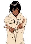  1boy alternate_costume arjuna_(fate/grand_order) bangs black_eyes brown_hair casual dark_skin dark_skinned_male double_v fate/grand_order fate_(series) hair_between_eyes highres hood hoodie hukahire0313 looking_at_viewer male_focus open_mouth shiny shiny_hair simple_background solo upper_body v white_background 