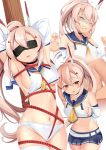  1girl arms_up ayanami_(azur_lane) azur_lane bare_shoulders bdsm blush bondage bound breasts closed_eyes crying eyebrows_visible_through_hair hair_between_eyes hair_ornament headgear high_ponytail highres large_breasts long_hair looking_at_viewer multiple_views navel panties pleated_skirt ponytail rape red_eyes restrained sailor_collar school_uniform shirt sidelocks skirt thighhighs underwear wet wet_clothes wet_panties white_background white_legwear white_panties white_shirt yasume_yukito 