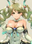  1girl ahoge bangs bare_shoulders between_breasts blush breasts cleavage coin commentary commentary_request de_la_fille dress drill_hair elbow_gloves eyebrows_visible_through_hair gloves granblue_fantasy green_eyes green_hair grey_background hair_ornament hand_up highres koretsuki_azuma looking_at_viewer medium_breasts parted_lips simple_background smile strapless strapless_dress tied_hair twintails upper_body 
