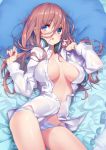  1girl :o absurdres areola_slip areolae blue_eyes blue_panties blush breasts breasts_apart buttons collarbone collared_shirt cowboy_shot dress_shirt go-toubun_no_hanayome hair_between_eyes hair_spread_out hands_up highres hong_(white_spider) large_breasts long_hair long_sleeves looking_at_viewer lying nakano_miku no_bra no_pants on_back open_clothes open_shirt paid_reward panties parted_lips patreon_reward pillow red_hair shirt sidelocks solo striped striped_panties underwear white_shirt 