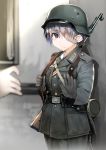  1girl belt blurry bolt_action depth_of_field eyepatch germany gloves gun helmet highres mauser_98 military military_uniform original rifle rifle_on_back samazuka_mashiro short_hair silver_eyes silver_hair stahlhelm uniform weapon world_war_ii 