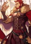  1boy bara beard belt breastplate cape chest cleavage_cutout dark_skin dark_skinned_male facial_hair fate/grand_order fate/zero fate_(series) fur_collar greek_clothes highres iskandar_(fate) large_hands leather looking_to_the_side male_focus manly muscle open_clothes pectorals red_cape red_eyes red_hair sleeveless smile solo sword toned toned_male upper_body weapon wrinkles yoshio_(55level) 