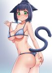  1girl 3: animal_ears arknights ass ass_grab bangs bikini blue_hair blush breasts cat_ears cat_tail collarbone deaver from_behind grabbing_own_ass green_eyes highres jessica_(arknights) looking_at_viewer looking_back solo swimsuit tail 