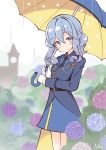  1girl absurdres artist_name black_neckwear blue_coat blue_eyes blue_flower blue_hair blue_shirt blue_skirt blush coat collared_shirt eyebrows_visible_through_hair flower gloves gotland_(kantai_collection) hair_between_eyes hair_bun half_gloves highres holding holding_umbrella hydrangea ichi kantai_collection long_hair long_sleeves military military_uniform mole mole_under_eye necktie overcoat purple_flower rain remodel_(kantai_collection) shirt signature skirt smile solo umbrella uniform white_gloves 