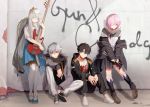  2boys 2girls alternate_costume anastasia_(fate/grand_order) bangs bass_guitar black_hair blue_eyes blue_skirt brick_wall coat drumsticks fate/grand_order fate_(series) fujimaru_ritsuka_(male) full_body fur-trimmed_hood fur_trim fuyuhi_tsukika graffiti hair_over_one_eye highres holding holding_instrument hood instrument jewelry kadoc_zemlupus leaning_back long_hair long_sleeves looking_at_viewer mash_kyrielight multiple_boys multiple_girls open_clothes open_coat orange_eyes outdoors purple_eyes purple_hair ring short_hair short_sleeves silver_eyes silver_hair sitting sitting_on_floor skirt standing very_long_hair wall white_legwear 