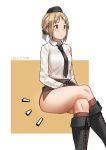  1girl blonde_hair boots crossed_legs garrison_cap girls_frontline gloves hat highres invisible_chair knee_boots mp40_(girls_frontline) necktie pencil_skirt ponytail simple_background sitting skirt solo thick_thighs thighs triangle_bullet yellow_eyes 