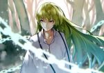  1other alternate_eye_color androgynous bangs chain close-up collarbone enkidu_(fate/strange_fake) eyebrows_visible_through_hair fate/grand_order fate/strange_fake fate_(series) forest green_hair grey_eyes long_hair long_sleeves nature revealing_clothes robe smile solo upper_body very_long_hair white_robe yoshio_(55level) 