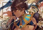  1boy ahoge alternate_costume bangs black_hair brown_hair chest close-up dark_skin dark_skinned_male earrings egyptian_clothes eyeshadow fate/grand_order fate_(series) jewelry looking_at_viewer makeup male_focus nipples ozymandias_(fate) pectorals renos ring smile toned toned_male yellow_eyes 