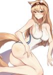  1girl absurdres animal_ear_fluff animal_ears arknights ass bangs bare_arms bare_legs bare_shoulders blonde_hair blush breasts commentary feet_out_of_frame hair_between_eyes highres large_breasts long_hair looking_at_viewer molyb nearl_(arknights) one-piece_swimsuit simple_background solo swimsuit tail thighs white_background white_swimsuit yellow_eyes 