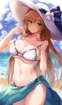  1girl bare_arms bare_shoulders beach bikini breasts brown_hair cleavage cloud collarbone cowboy_shot day flower girls_frontline green_eyes groin hair_between_eyes hat hat_flower hat_ribbon highres holding large_breasts lkeris long_hair looking_at_viewer m1903_springfield_(girls_frontline) multi-strapped_bikini navel ocean open_mouth outdoors ribbon sarong sky smile solo standing stomach string_bikini sun_hat sunlight swimsuit thighs untied untied_bikini very_long_hair wet white_bikini white_headwear 
