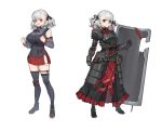  1girl :d absurdres armor asymmetrical_legwear black_ribbon bow bowtie breasts clenched_hands detached_sleeves faulds gauntlets girls_frontline grey_hair grey_legwear hair_ribbon highres labyrinth_of_the_dark large_breasts looking_at_viewer open_mouth pleated_skirt red_eyes red_skirt ribbon shield shoulder_pads single_knee_pad skirt smile spas-12_(girls_frontline) thighhighs uleuleuleu 