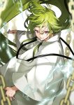  1other androgynous bangs chain enkidu_(fate/strange_fake) fate/grand_order fate_(series) fighting_stance green_hair highres kingu_(fate) lightning long_hair long_sleeves looking_at_viewer otoko_no_ko red_eyes robe shiny shiny_hair smile smirk very_long_hair yoshio_(55level) 