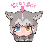  1girl animal_ears arrow_(symbol) blue_eyes buchi0122 dog_(mixed_breed)_(kemono_friends) dog_ears grey_hair heterochromia highres kemono_friends multicolored_hair solo translated two-tone_hair wavy_mouth white_background white_hair yellow_eyes 